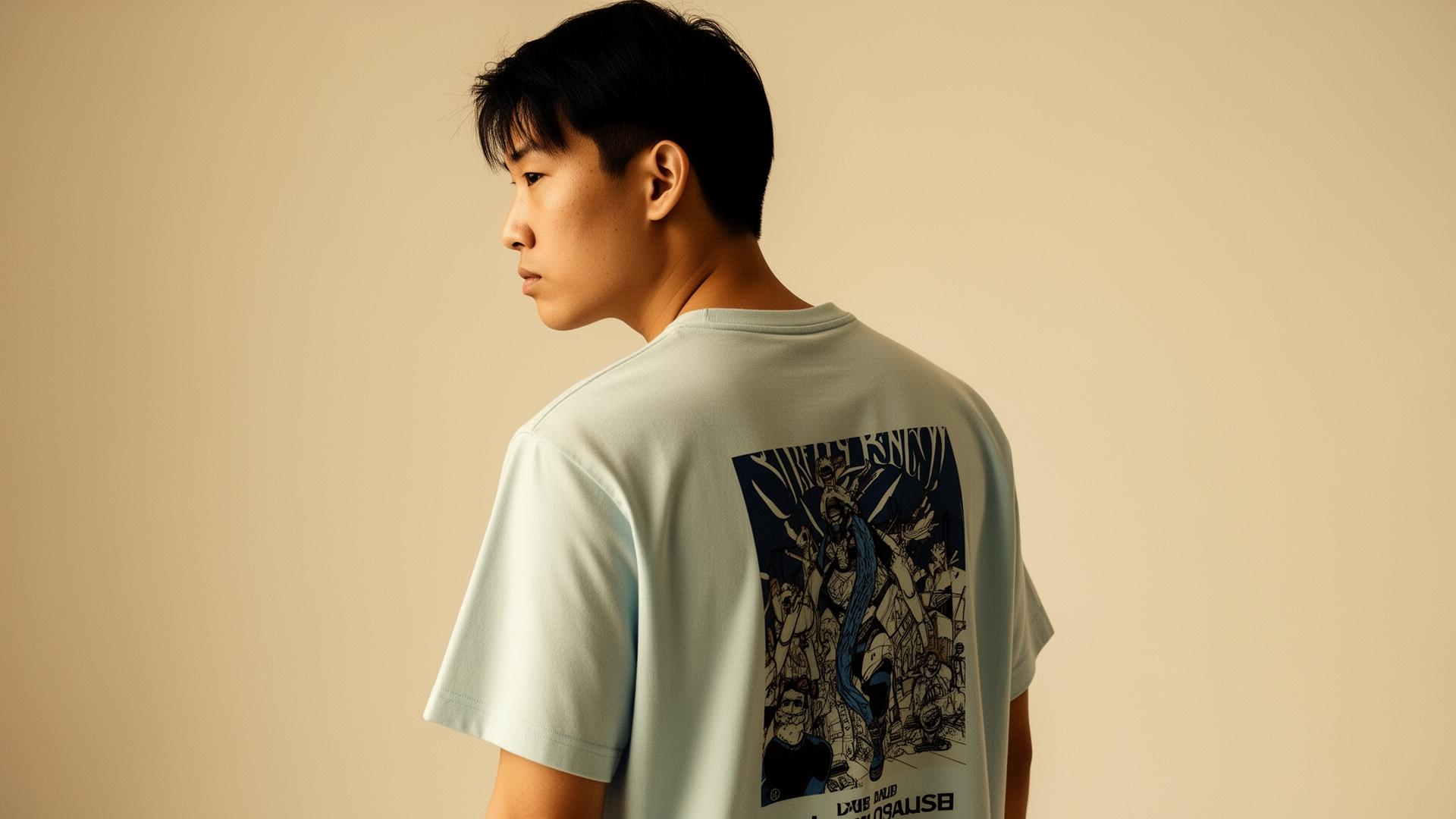Model wearing the back of the Shoes Off tee